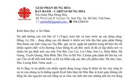 Ban Bác ái Xã hội - Caritas Hưng Hóa: Thư kêu gọi ủng hộ người dân bị ảnh hưởng của bão Yagi