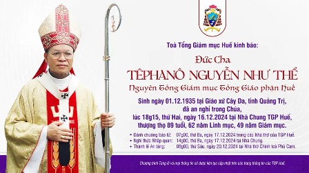 Ai tín của Tòa Tổng Giám mục Huế: Đức Nguyên Tổng Giám mục Têphanô Nguyễn Như Thể