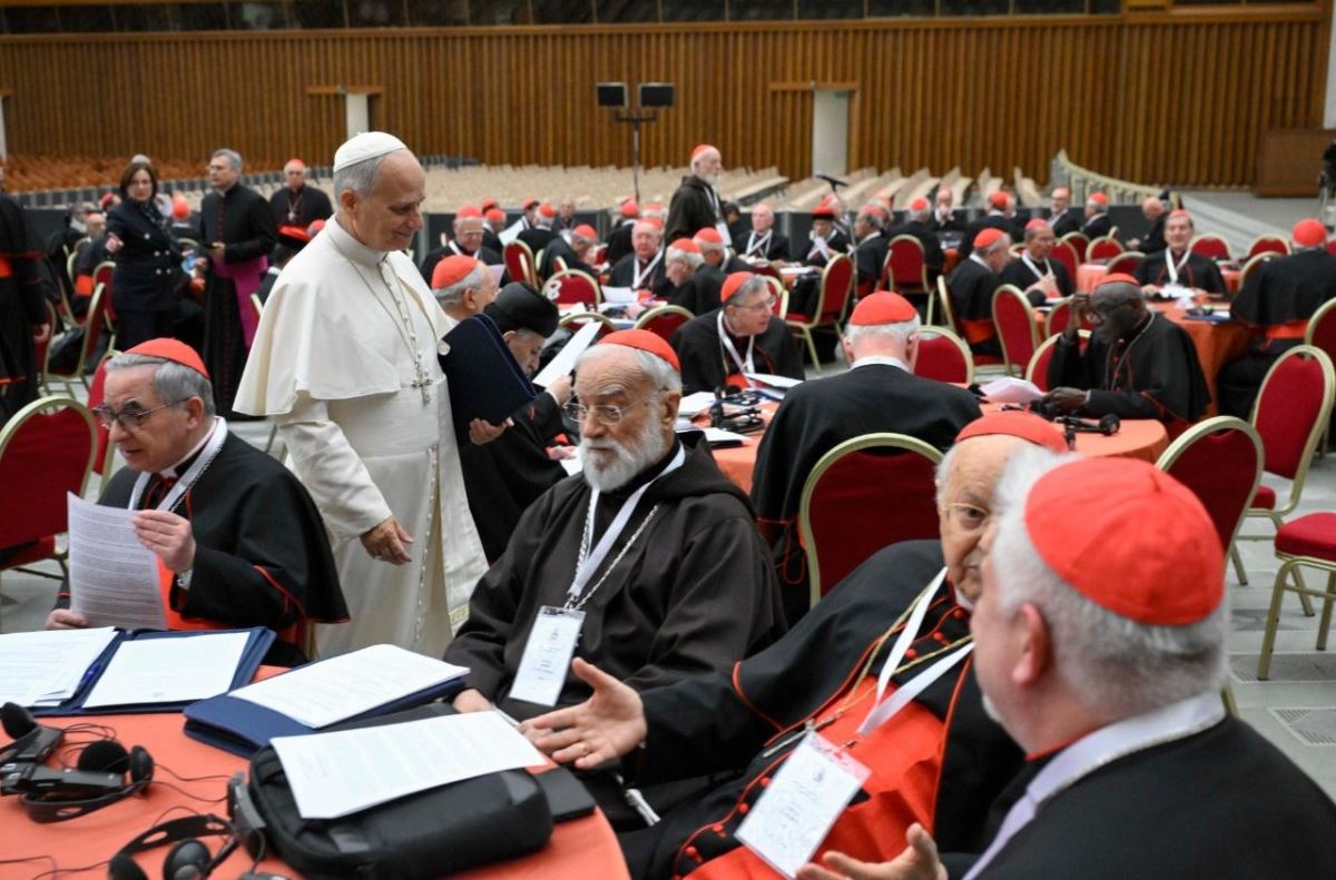 Đức Thánh Cha Lêô XIV và các Hồng y trong một phiên họp của Công nghị Ngoại thường (8/1/2026) (@Vatican Media)